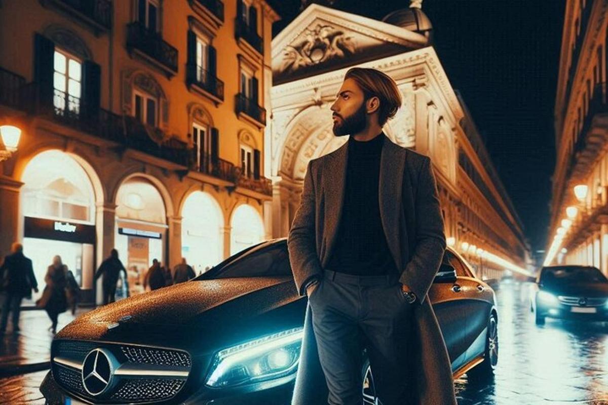 a man standing next to a car on a street