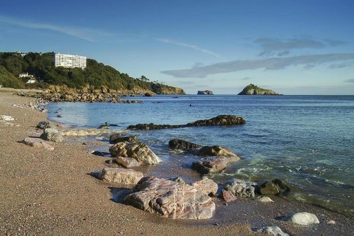 a beach with rocks in the water and an island
