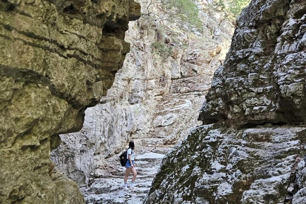 una donna sta camminando attraverso un canyon roccioso