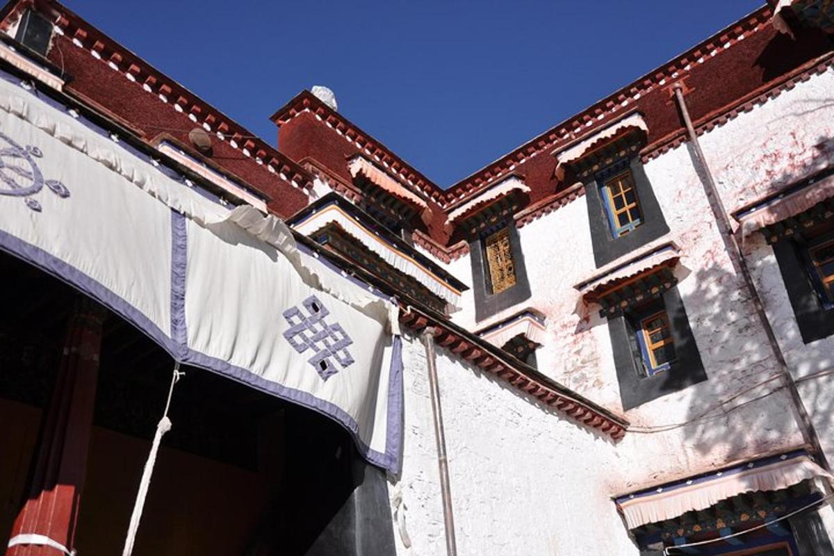 a building with awning on the side of it