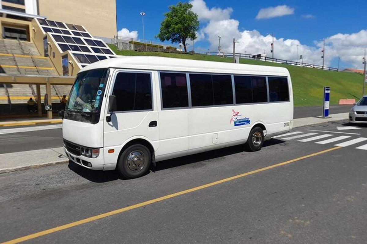 Un autobús blanco estacionado al costado de una calle