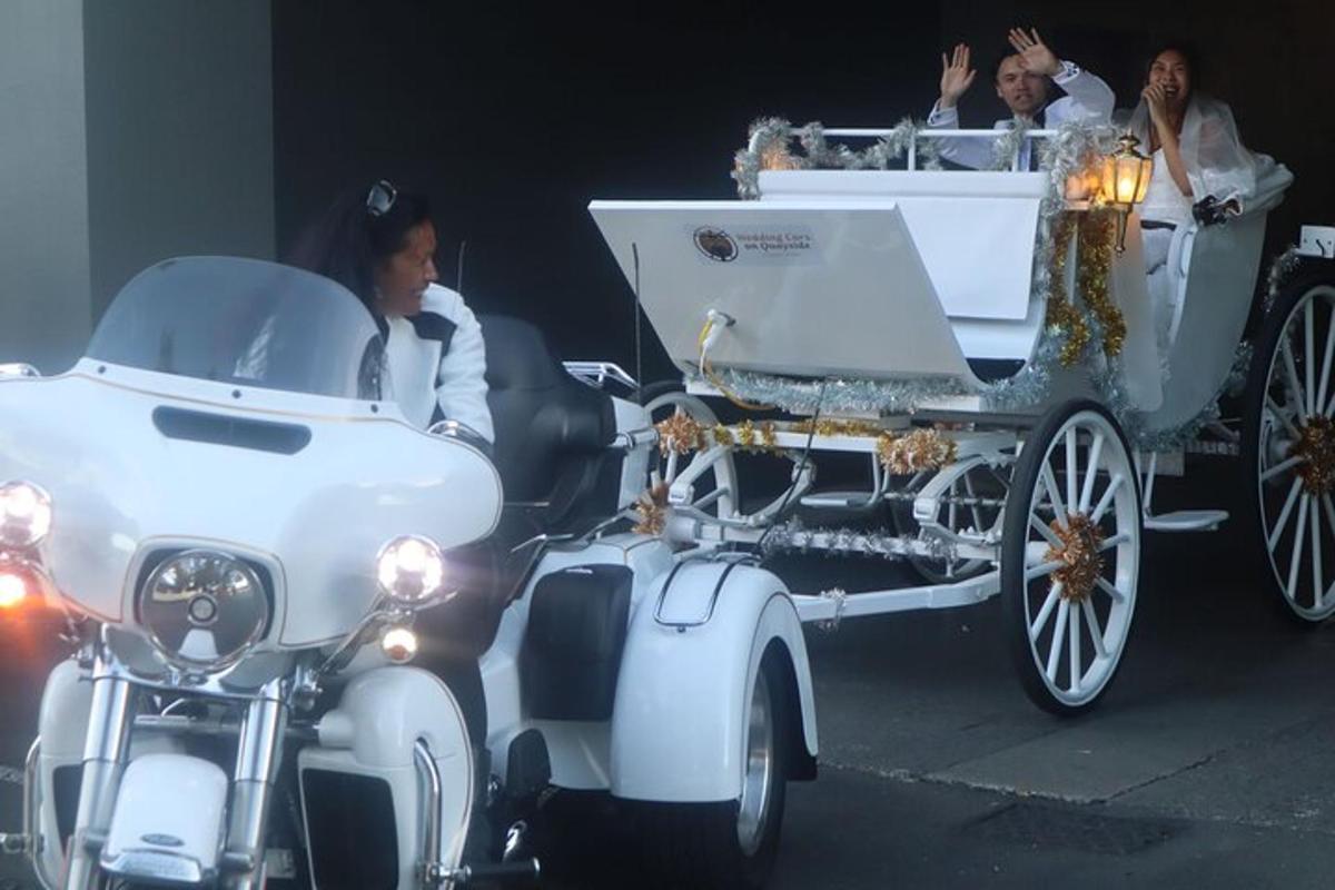 a bride and groom in a horse drawn carriage