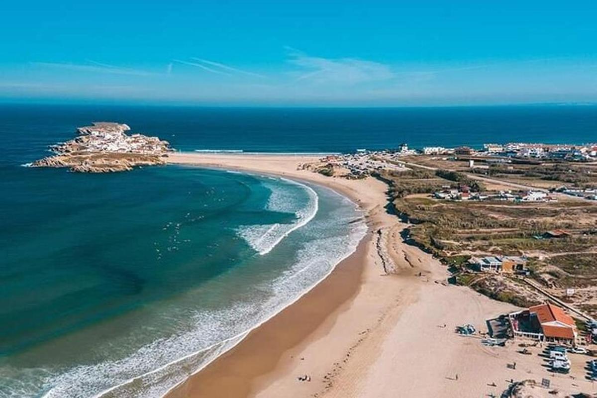 uma vista aérea de uma praia e do oceano
