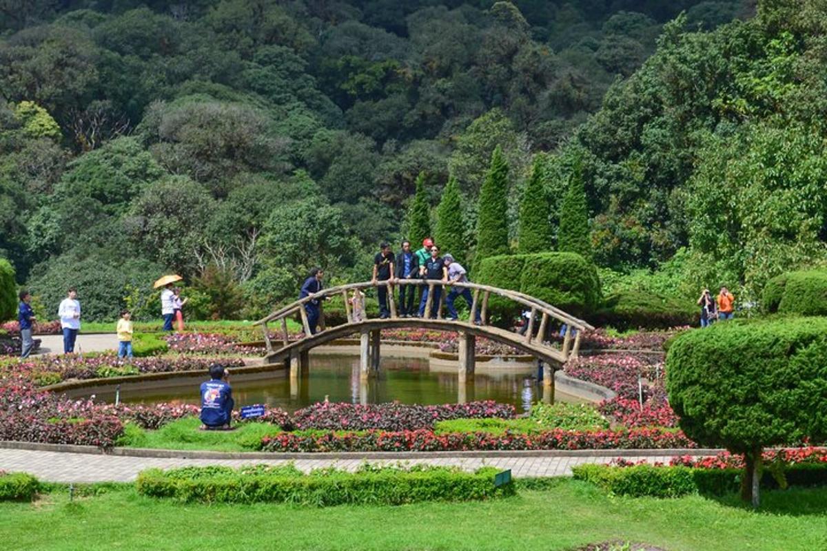 Menschen stehen auf einer Brücke über einem Teich in einem Park