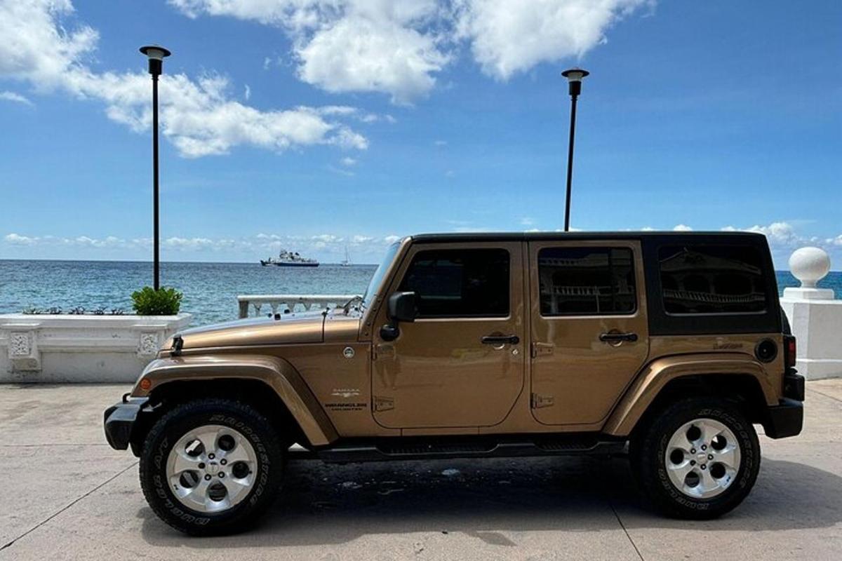 a brown jeep parked in front of the ocean
