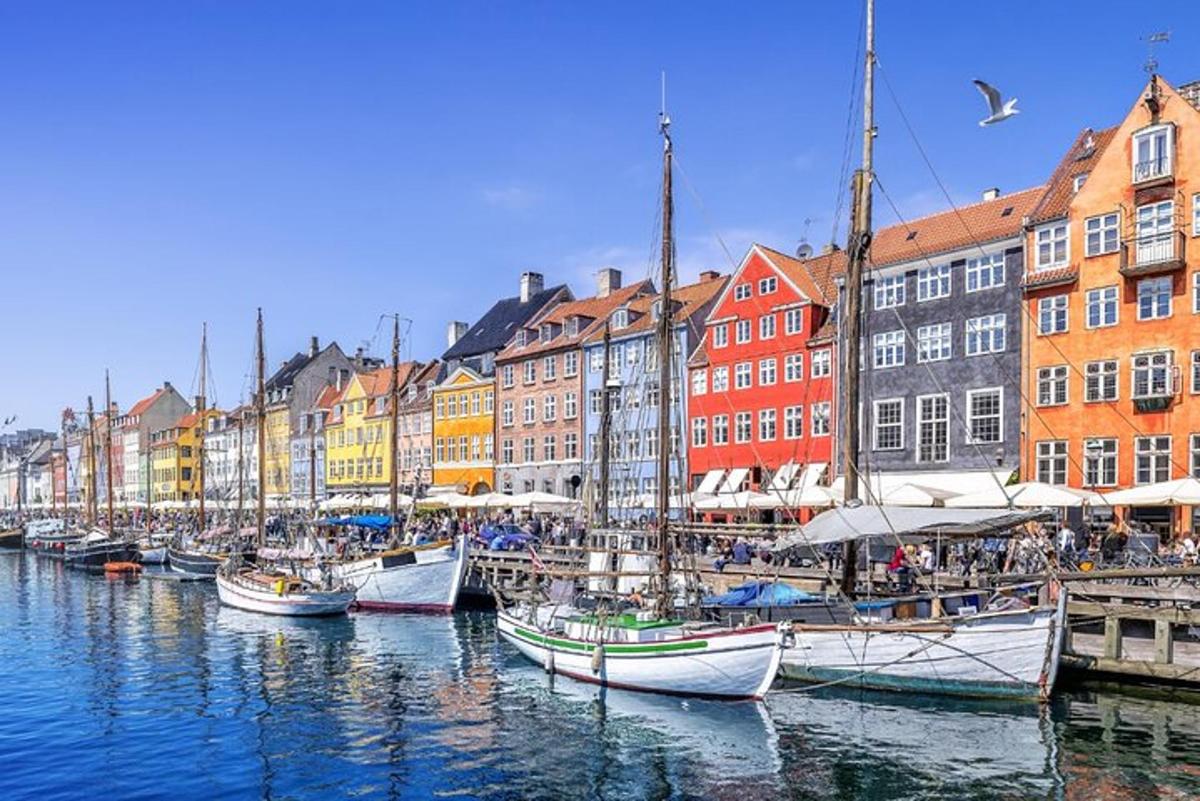 hópur báta lagðist að bryggju í höfn með byggingum