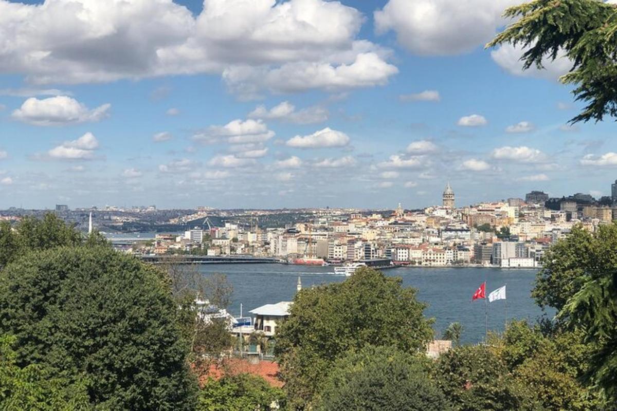 a view of a city and a river with a red and white flag