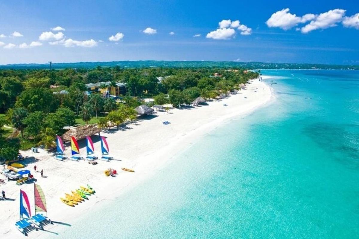 an aerial view of a beach with chairs and the ocean