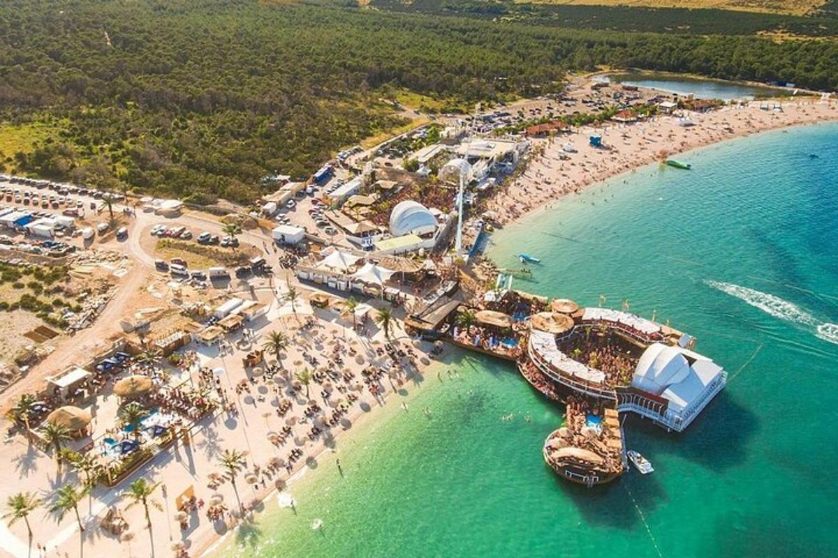 an aerial view of a theme park on a beach