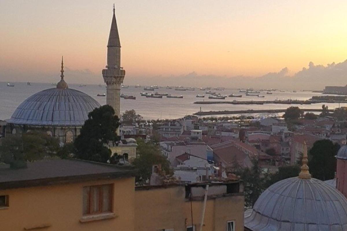 una vista di una città con una moschea e l'acqua