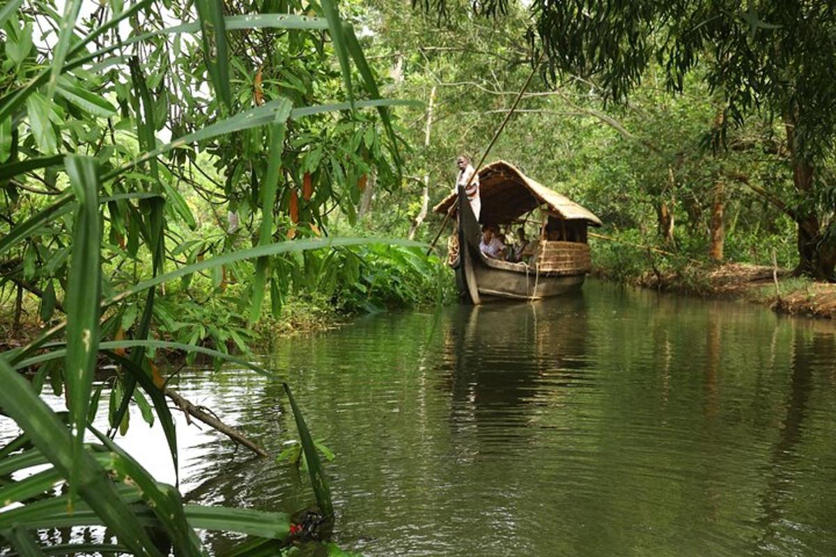 a boat with a thatch roof on a river