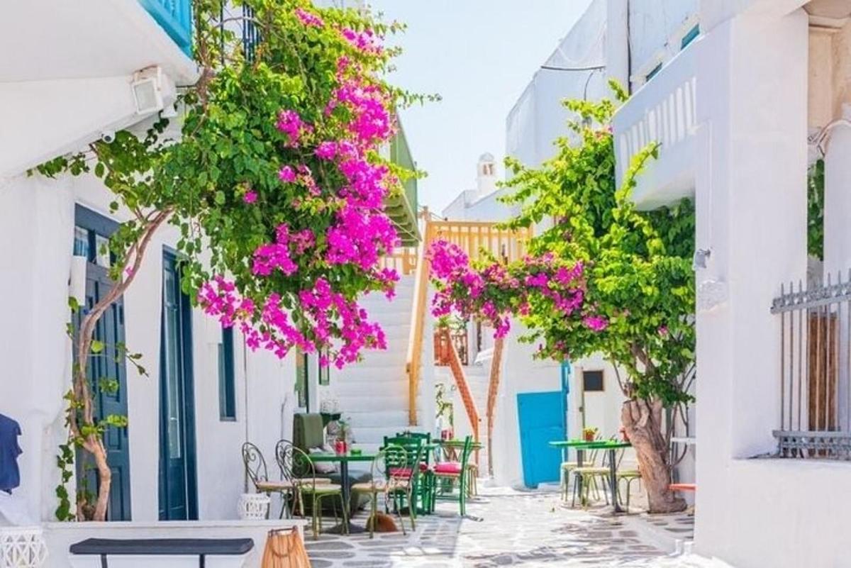 en gate i Mykonos by med rosa blomster