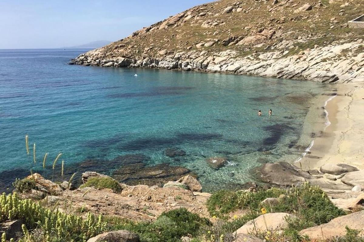 una spiaggia con persone che nuotano nell'acqua