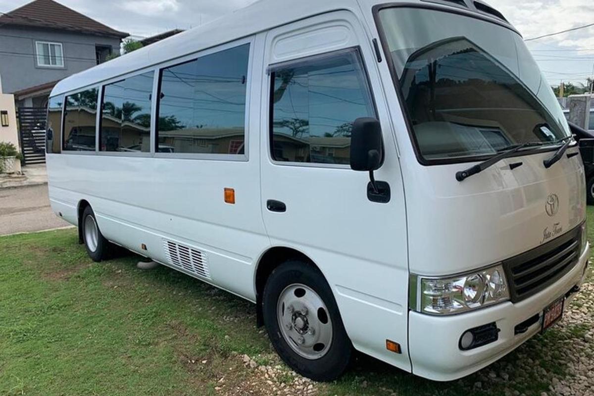 Una camioneta blanca estacionada en el césped de un patio.