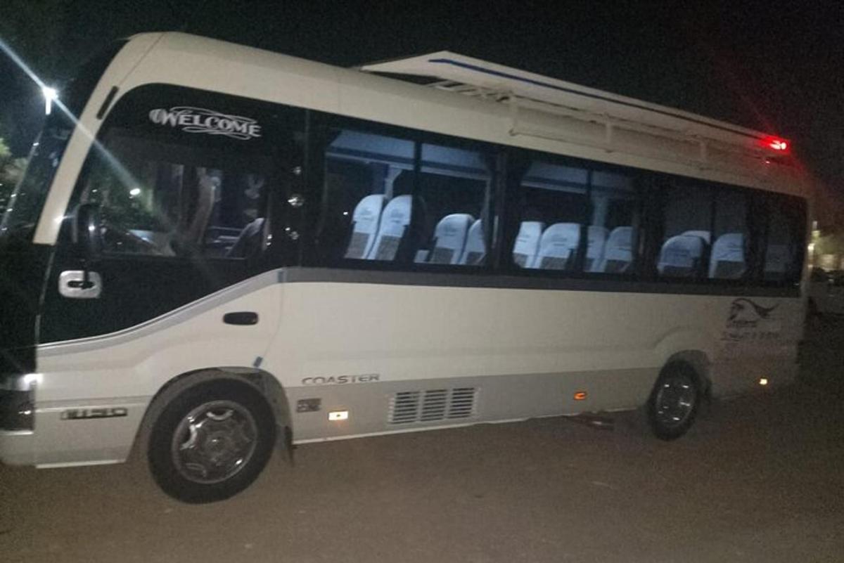 un autobuz alb parcat într-o parcare noaptea