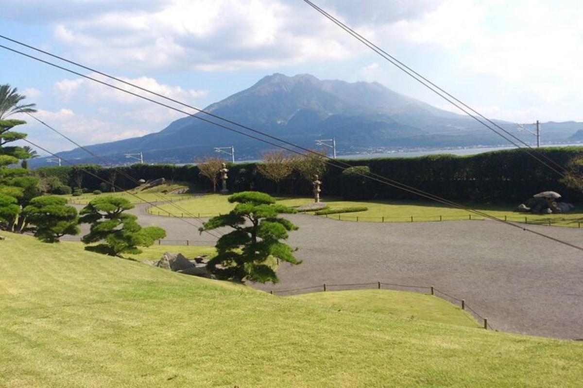 a parking lot with a view of a mountain