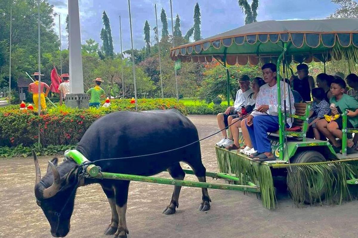 a group of people riding on a cart pulled by a cow