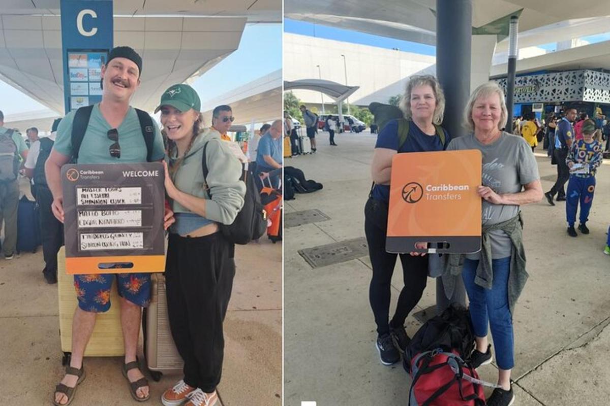 Un grupo de personas sosteniendo una caja en un aeropuerto.