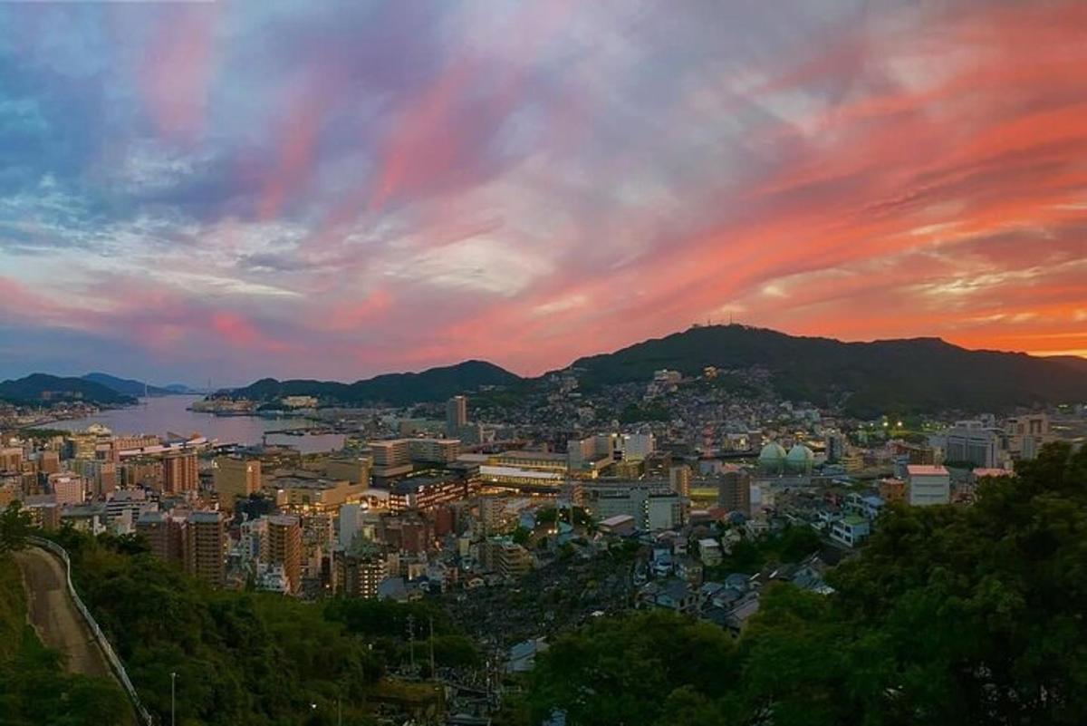 a view of a city at sunset