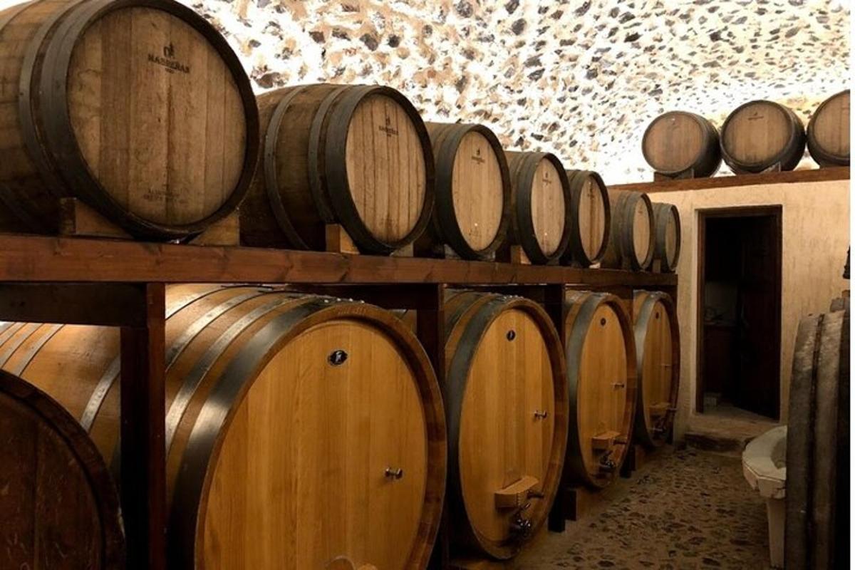μια σειρά από βαρέλια κρασιού σε ένα κελάρι