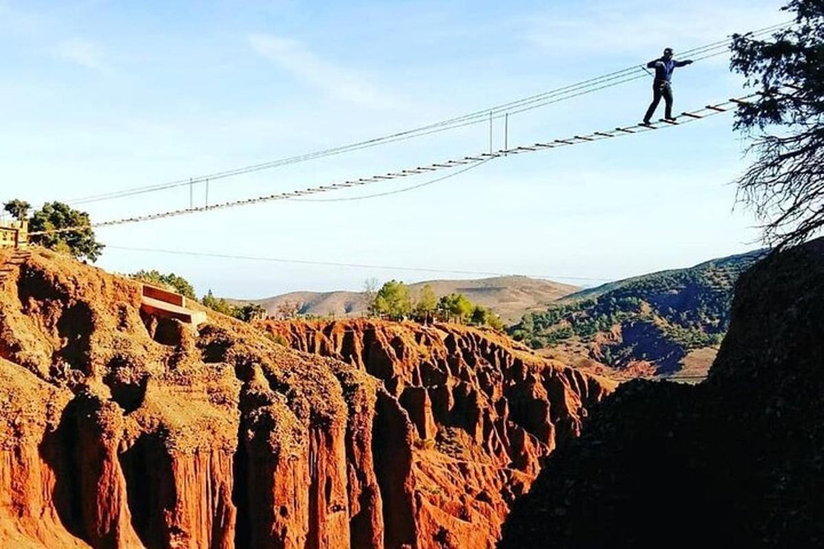 a man on a rope bridge over a canyon