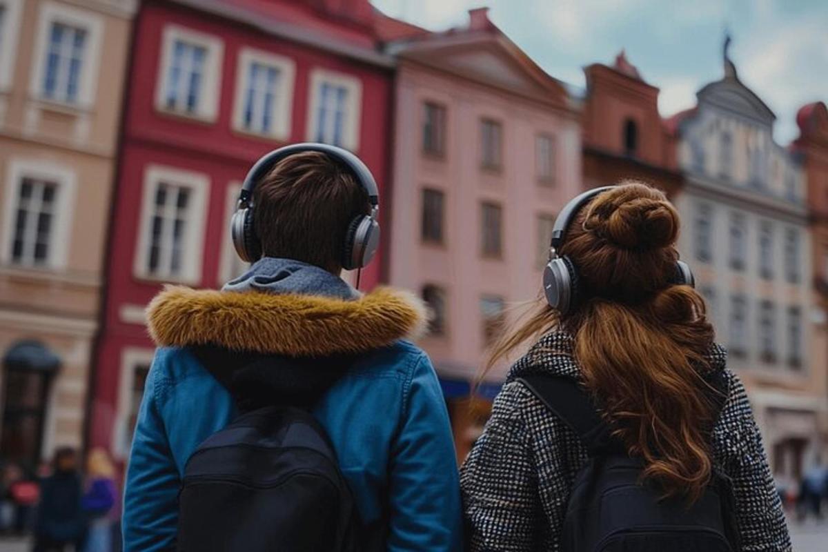 mees ja naine kõrvaklappidega vaatavad hooneid