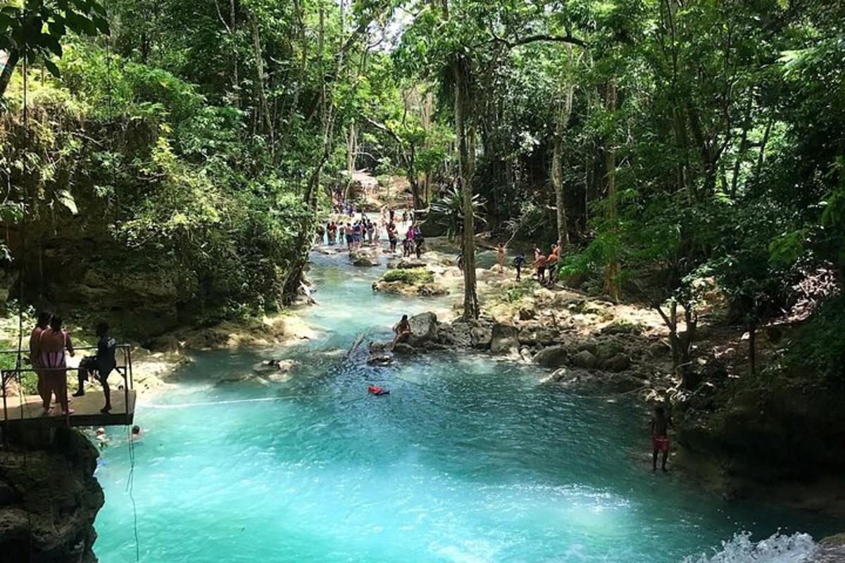 un grup de persones dempeus en un pont sobre un riu blau