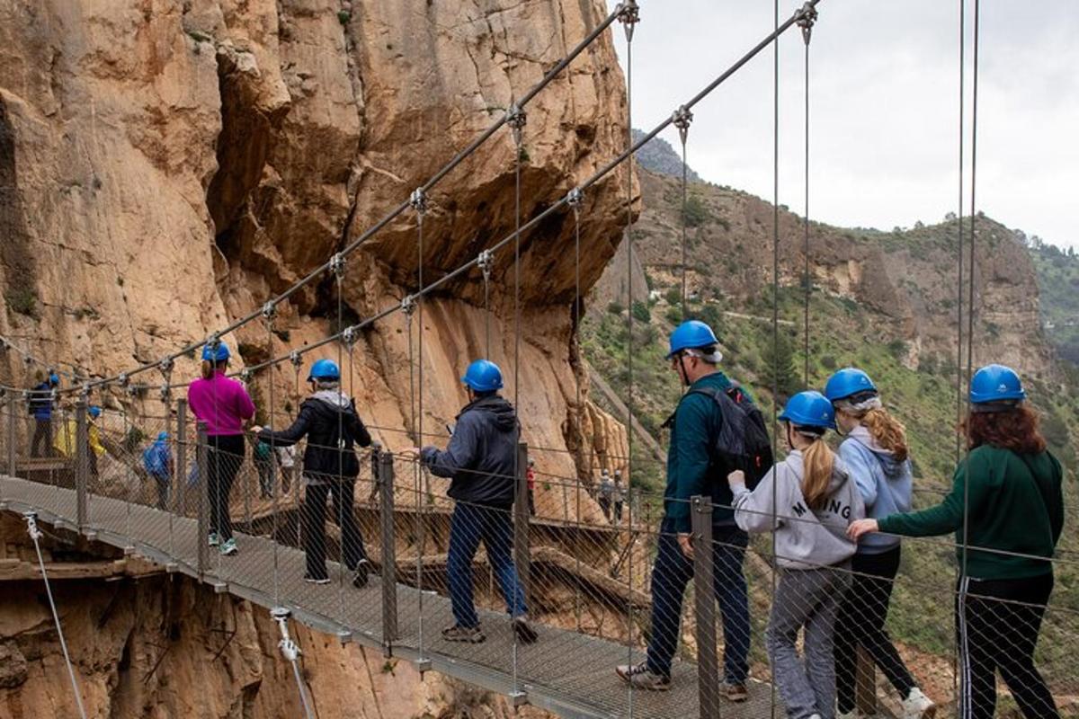 a group of people crossing a suspension bridge over a canyon