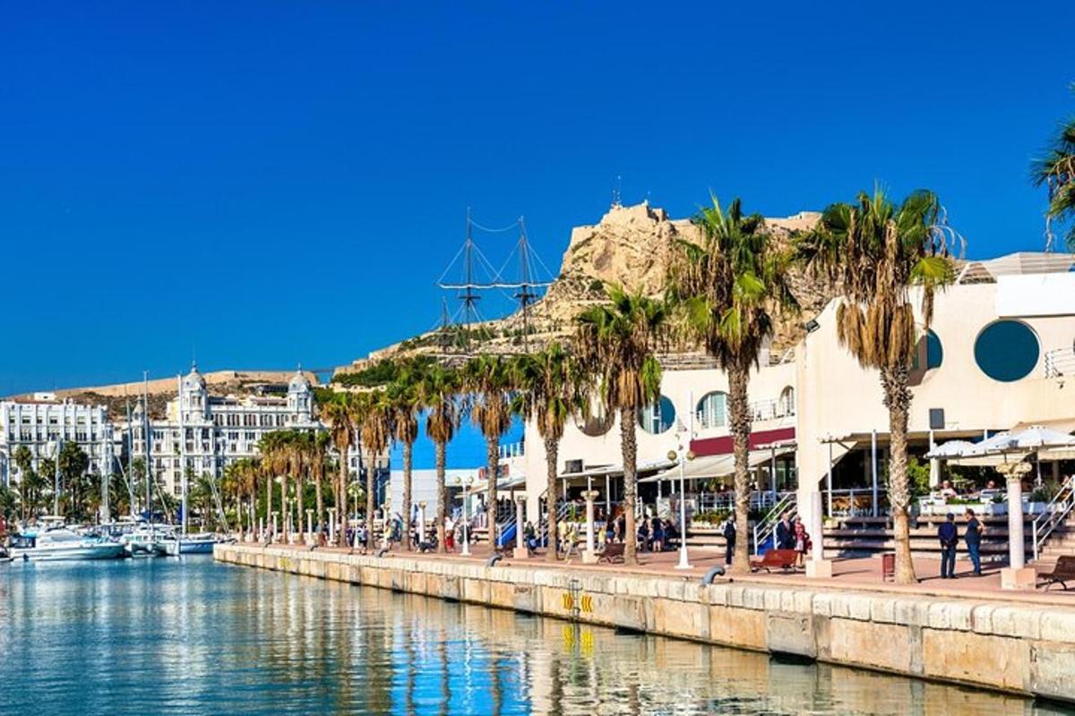 a group of palm trees and buildings next to a body of water