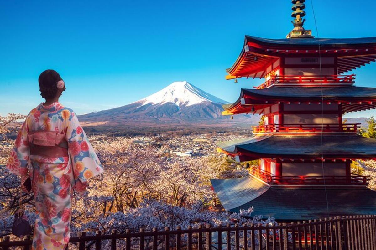 Kona í kimono stendur fyrir framan fjall