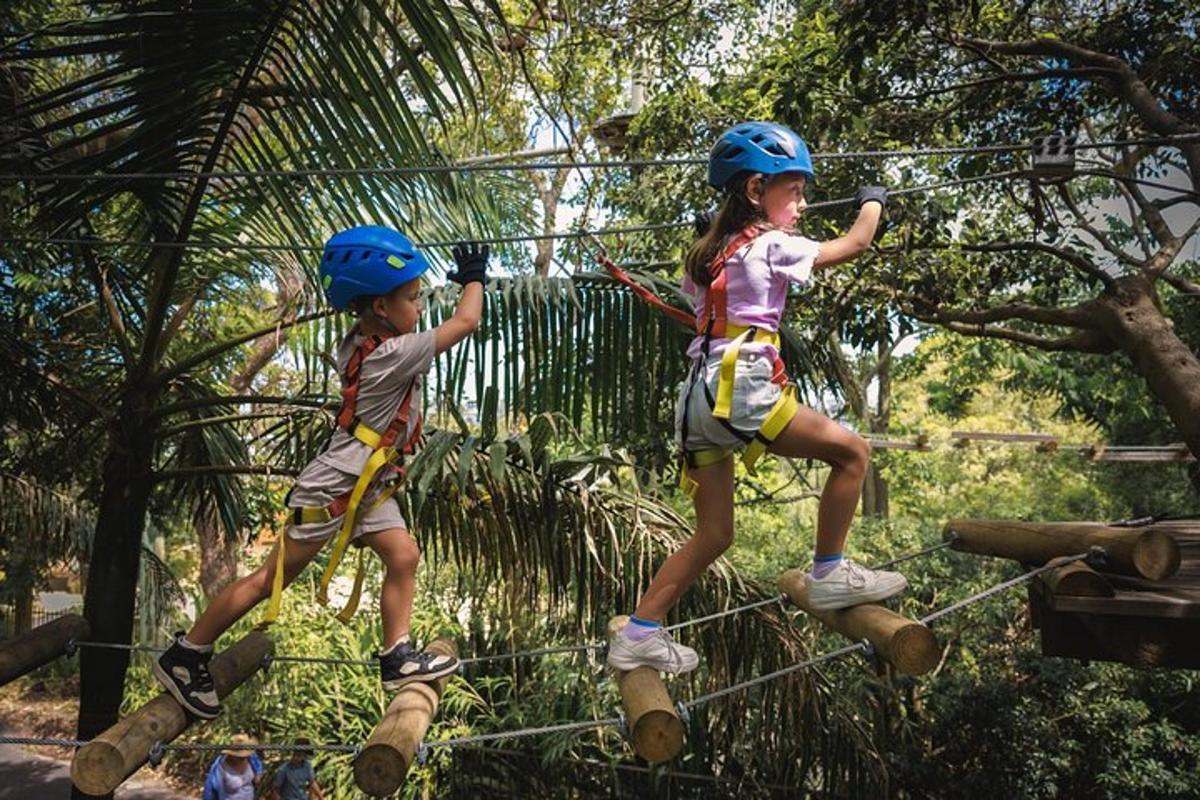 dua anak kecil mengenakan helm di jalur zipline