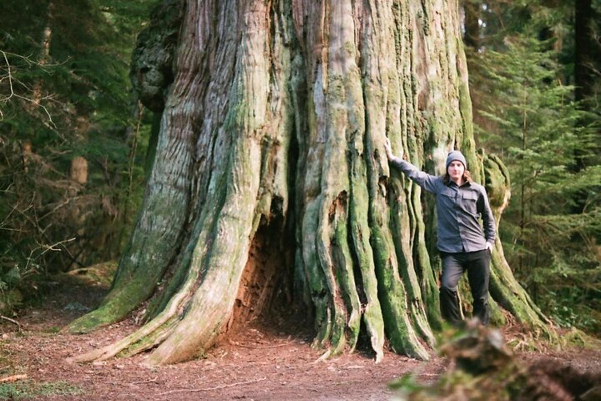 un uomo in piedi davanti a un grande albero