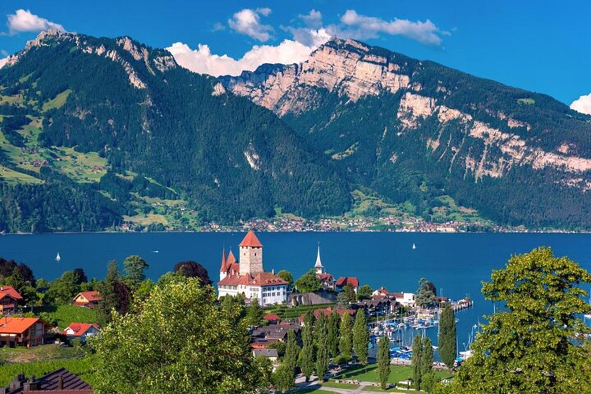 a small town on the shore of a lake with a mountain