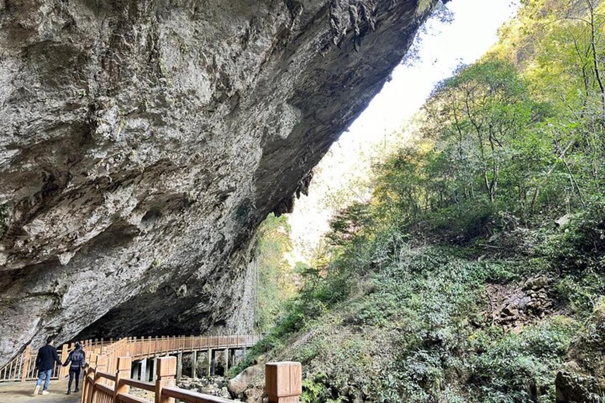two people walking on a bridge near a mountain