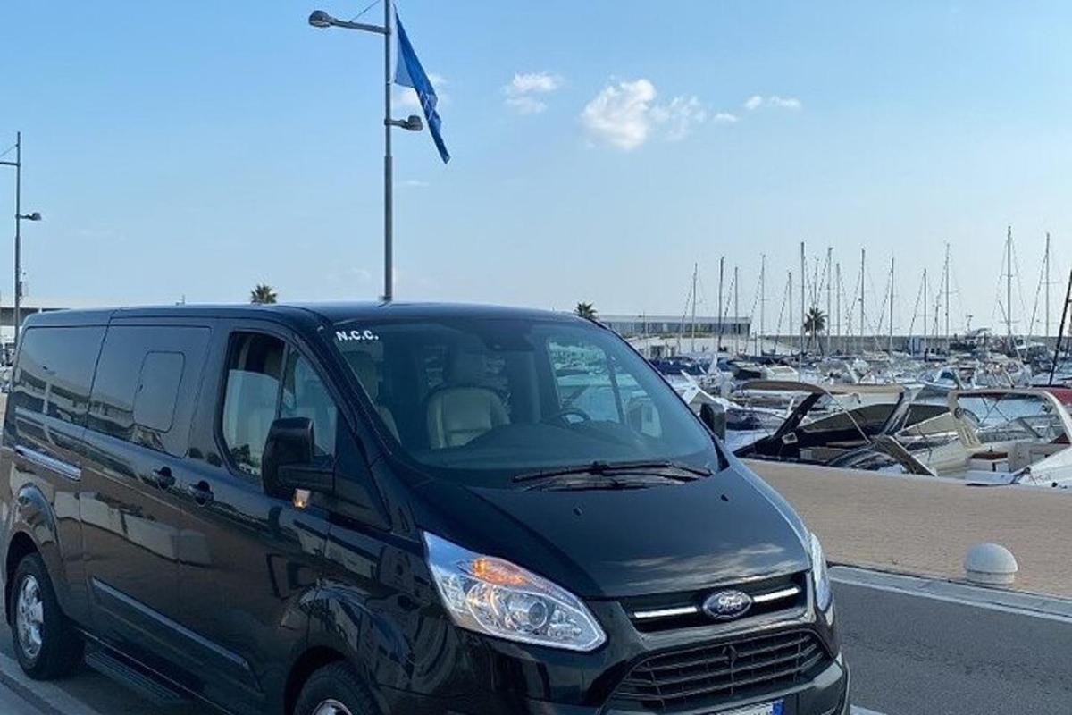 teknelerin bulunduğu bir marinanın yanında park edilmiş siyah bir minibüs