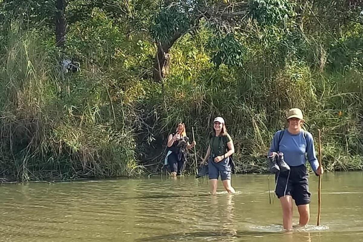 a group of people walking in the water