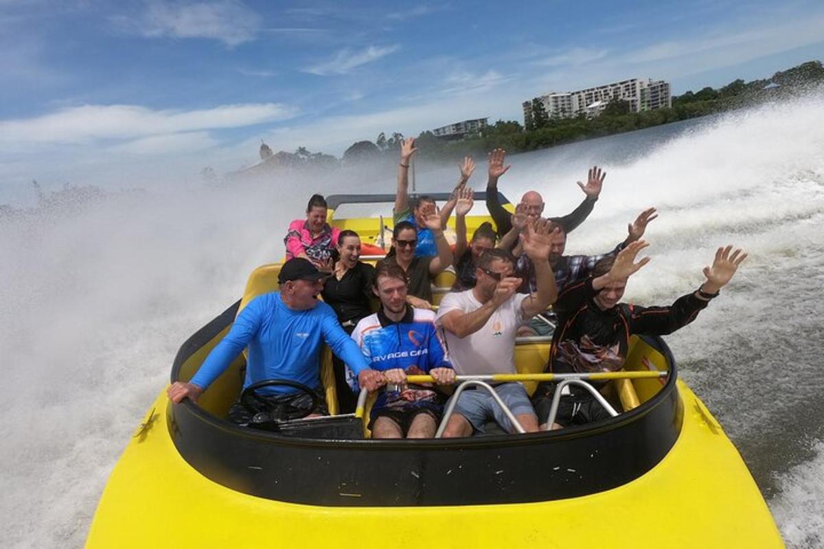 a group of people on a raft in the water