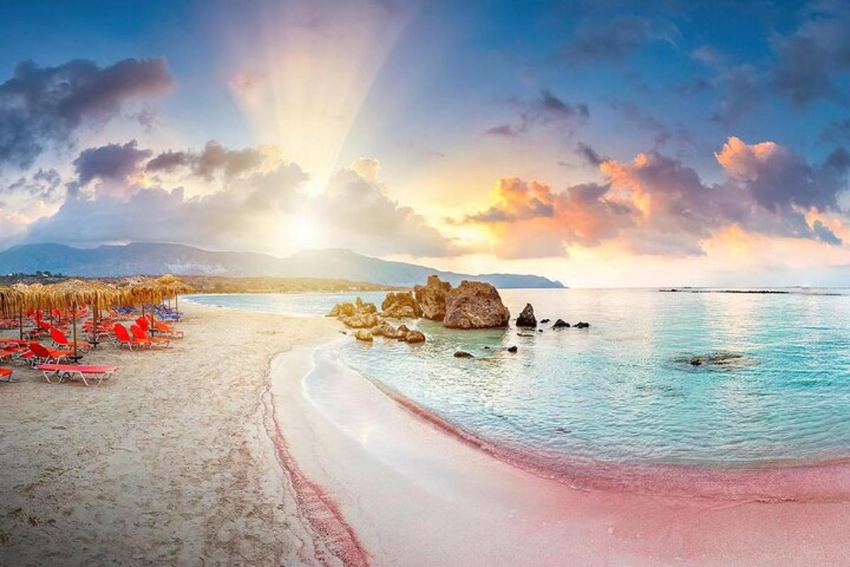 una spiaggia con un gruppo di sedie e l'oceano