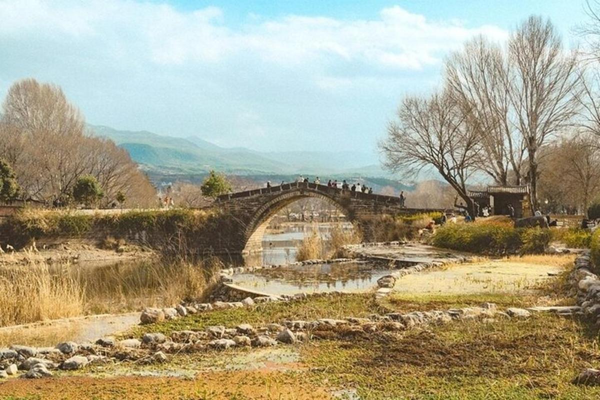 a bridge over a river with a group of people on it