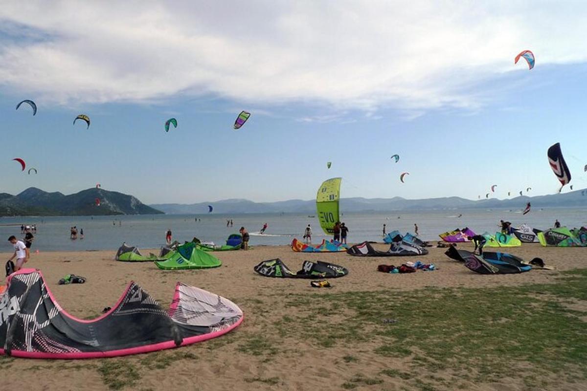 a group of people on a beach flying kites