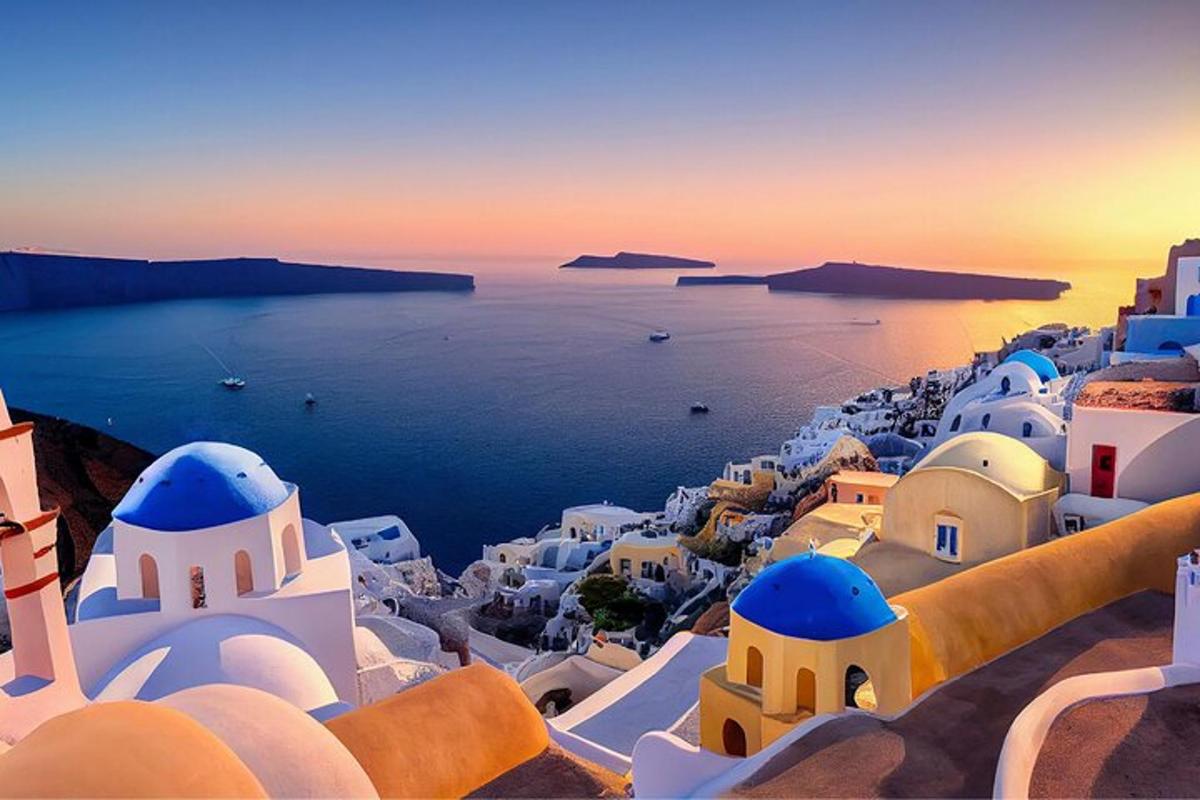 Θέα στο νησί της Σαντορίνης κατά το ηλιοβασίλεμα