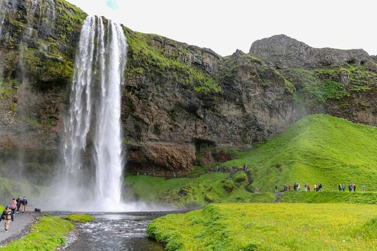 Fólk stendur við foss fyrir framan fjall