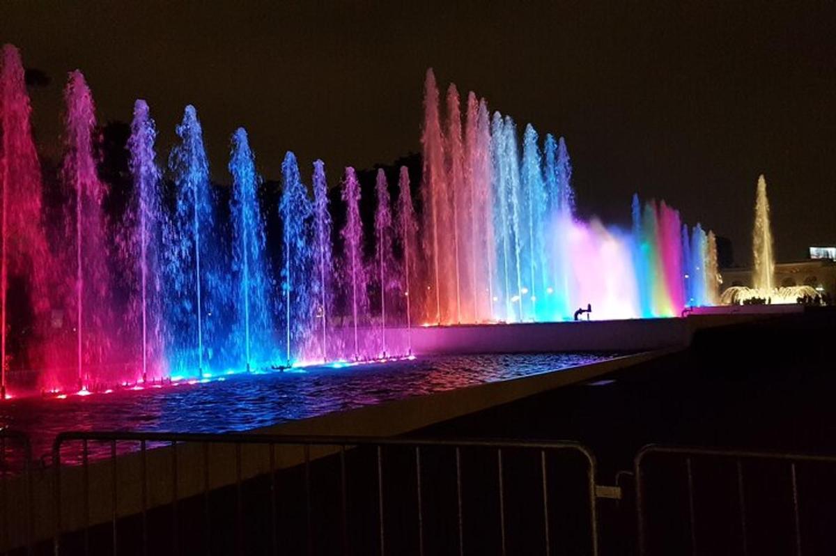 Una fuente de agua está iluminada con luces de colores.