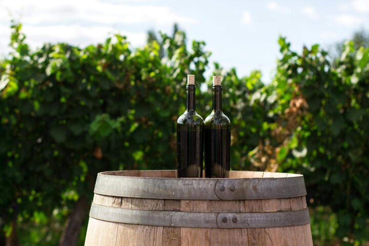 duas garrafas de vinho em cima de um barril