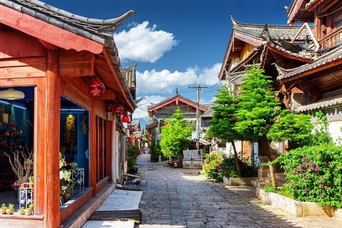 a cobblestone street in an asian town with buildings