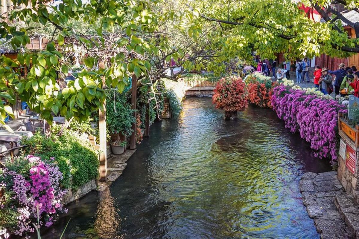 a river in a garden with flowers and a bridge