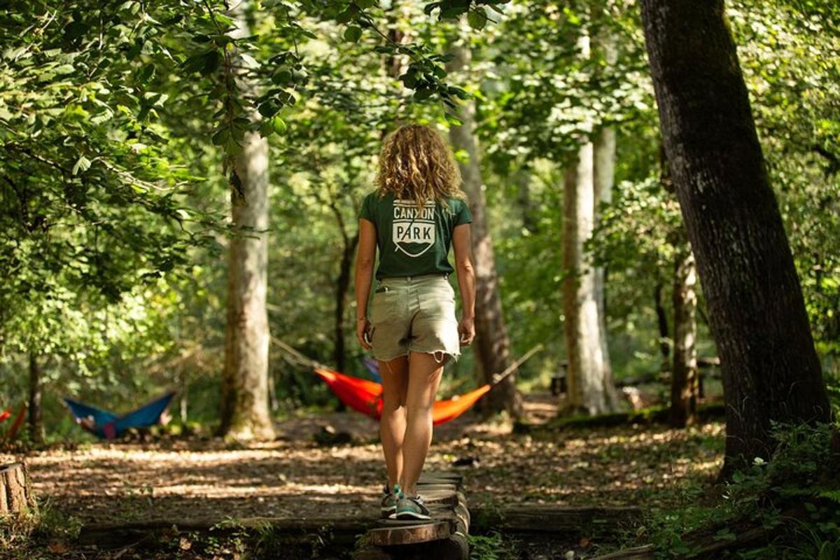 una persona che cammina su un tronco nel bosco