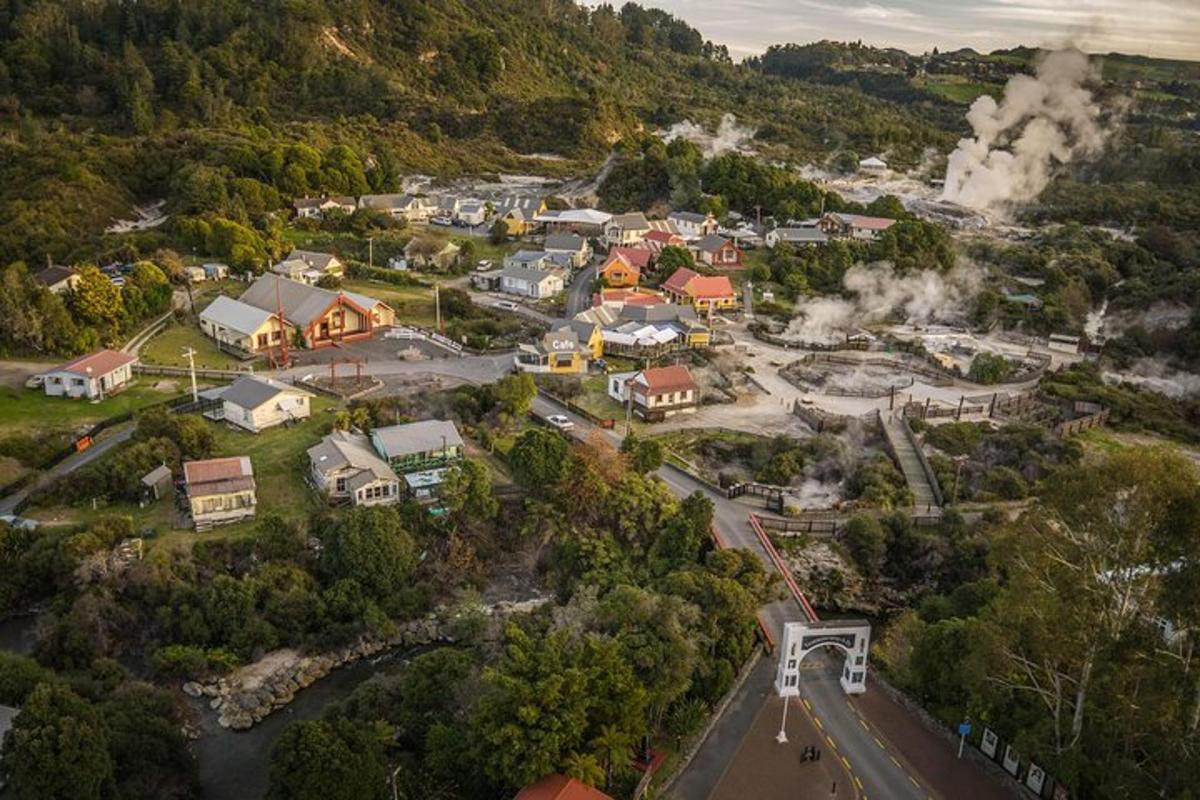 an aerial view of a small town with houses and smoke