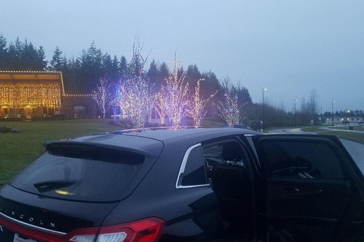 sebuah kereta hitam berhenti di hadapan sebuah bangunan dengan lampu