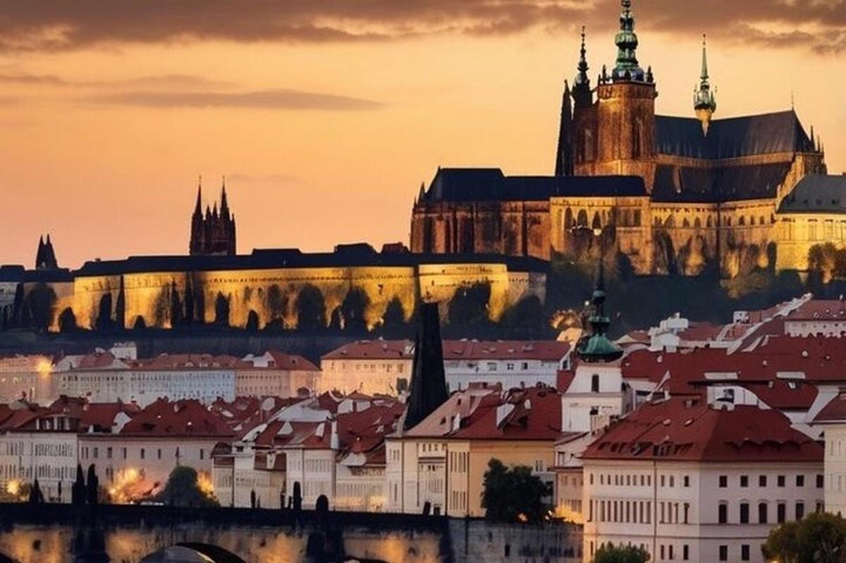 una vista di una città con un castello sullo sfondo